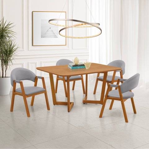 Conjunto Mesa de Jantar 1,60m Amadeirada com 4 Cadeiras em Linho Bege e Base de Madeira – Linha Evo