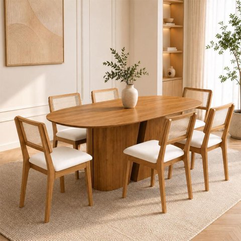 Mesa Jantar 2m Tampo Barril e 6 Cadeiras Tela Palha e Tecido Bouclé 100% MDF Casa Lar Cor:Cinamomo