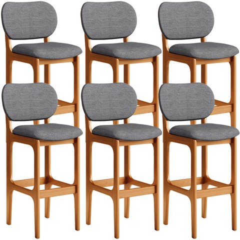 Kit 6 Banquetas Alta Bar Cozinha Sala Jantar Fixa Betta L02 Imbuia Linho Cinza Escuro - Lyam Decor