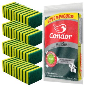 Kit 40 Unidades Esponja Bucha Multiuso Condor 10 Pacotes X 4 Esponjas Dupla Face Agente Antibacteria