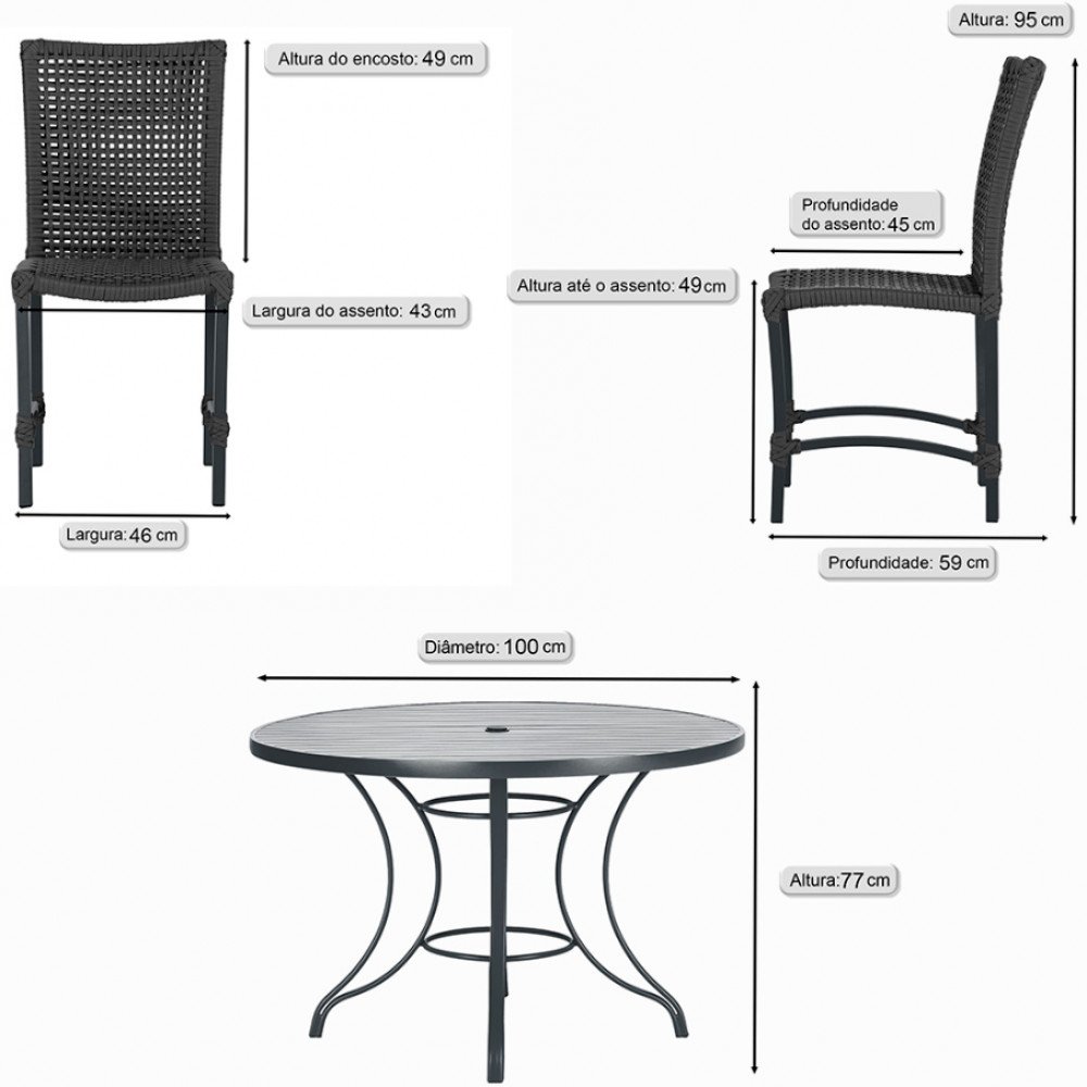 Mesa Ascoli 100 Cm com 4 Cadeiras Cannes de Alumínio, Pintura Preta e Trama Tela de Corda Náutica - 2