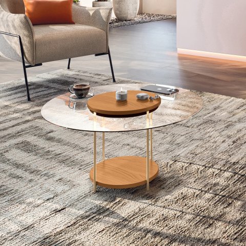 Mesa de Centro Redonda Tampo de Vidro Pés Metálicos Mia Cinamomo H01 - D’Rossi