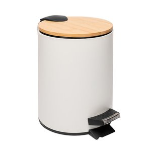 Lixeira Redonda de Metal com Pedal Tampa em Bambu Branca 5l