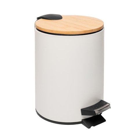 Lixeira Redonda de Metal com Pedal Tampa em Bambu Branca 5l