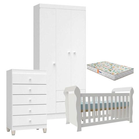 Quarto de Bebê 4 Portas com Gaveteiro Ternura Baby e Berço Lara Branco Brilho com Colchão Gazin - In