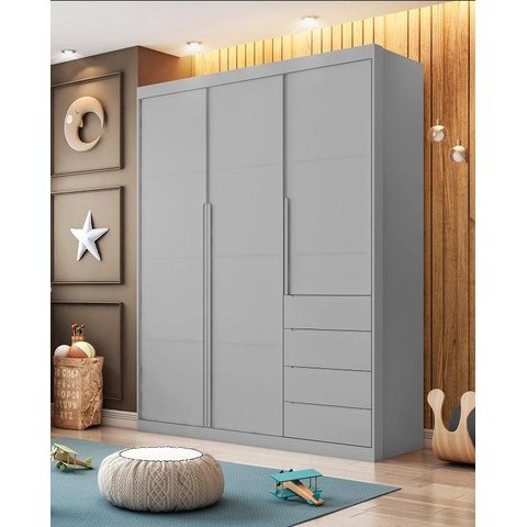 Guarda Roupa 3 Portas e 4 Gavetas Pérola Cinza - Phoenix Baby