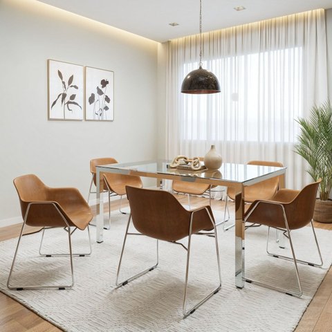 Conjunto Sala de Jantar 6 Lugares Retangular Tampo de Vidro 160x85cm Mesa Smart com Cadeiras Lodelô Branco/Serragem/Cromado