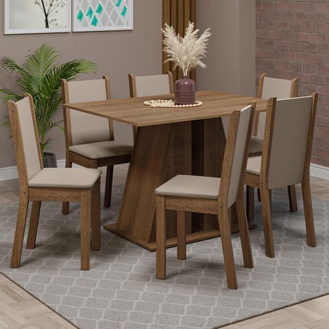 Conjunto Sala de Jantar Mesa Tampo de Madeira 6 Cadeiras Rustic/bege Wendy Madesa