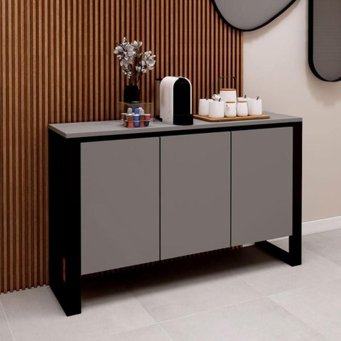 Aparador Balcão Armário Escritório 3 Portas 136cm X 36cm 100% Mdf F5 Cor:cinza Sagrado com Preto