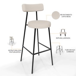 Kit 02 Banquetas Altas Bar Cozinha Sala De Jantar Estrutura Em Aço Milão F01 Linho Bege - Lyam - 4