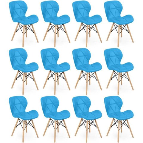 Kit 12 Cadeiras de Jantar Charles Eames Slim Wood Estofada - Azul