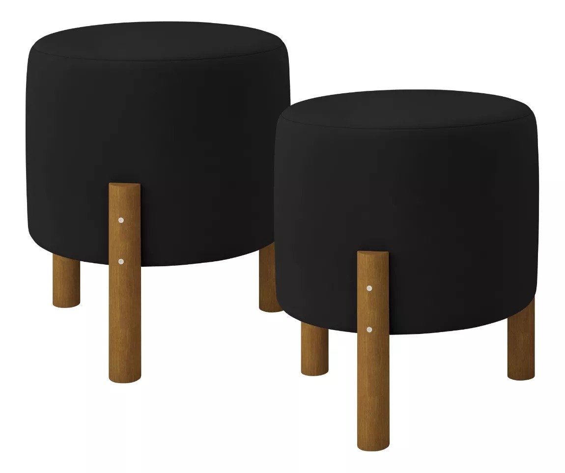 Kit Conjunto Decoração 2 Puff Suede Preto Pés em Madeira Maciça