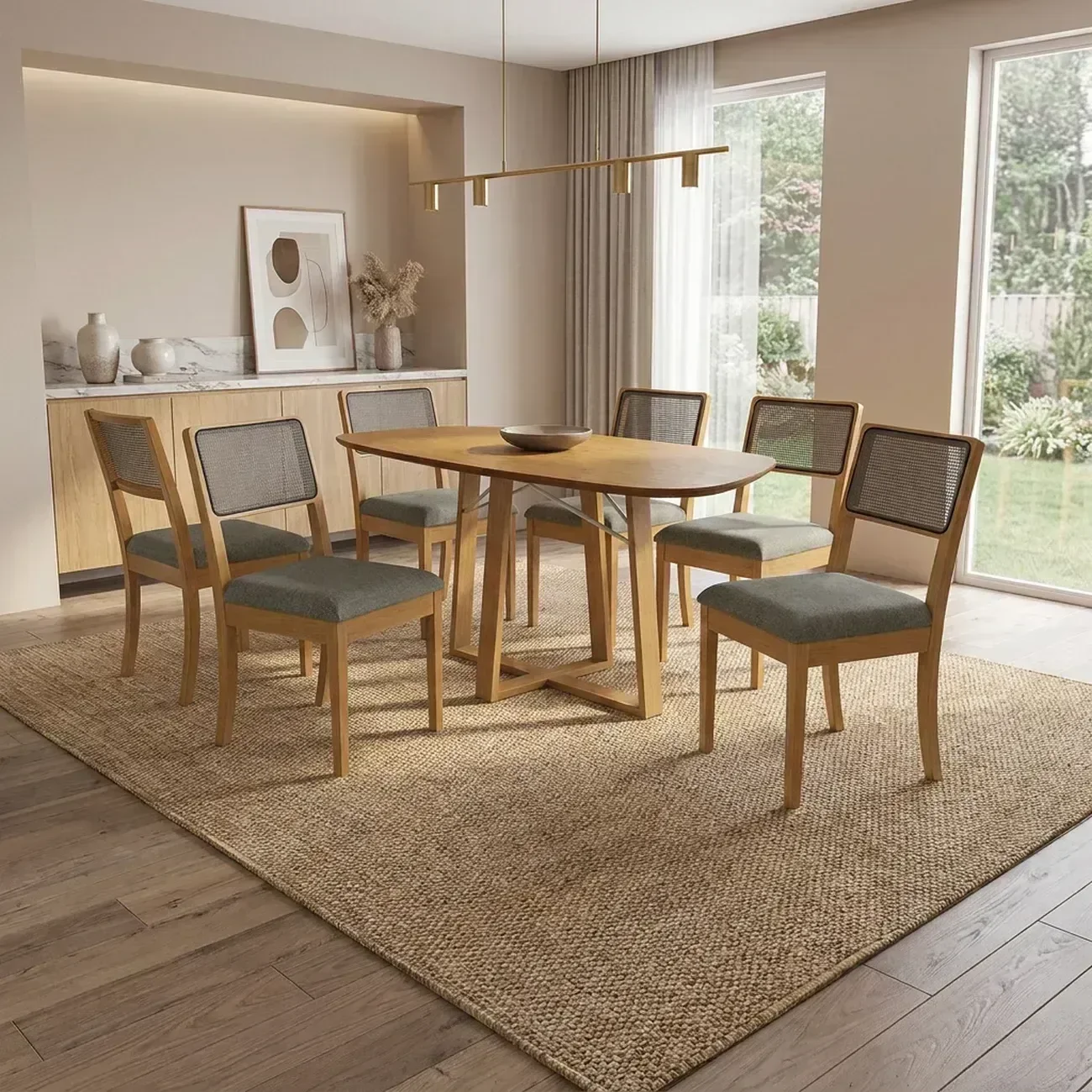 Conjunto Mesa de Jantar Elma e 6 Cadeiras com Telinha Lola em Madeira Maciça Cinza Mescla