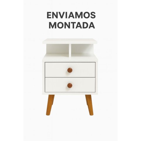 Mesa de Cabeceira 30cm com 2 Gavetas e Nicho Pés Palito MDF 15mm Branco Já Montada