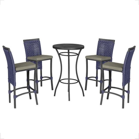 Mesa Bistrô e 4 Banquetas Roma Preta Corda Estofado 8 Trama Azul