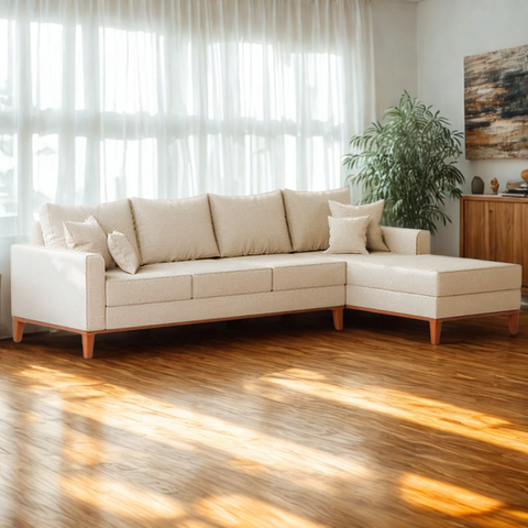 Sofá 4 Lugares Beny com Chaise Direito Suede Bege