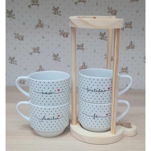 Kit Jogo 4 Xicaras Café Chá Hotel 200ml Empilháveis com Suporte Pinus - Poá Preto Frases