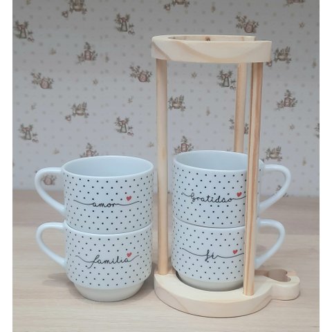 Kit Jogo 4 Xicaras Café Chá Hotel 200ml Empilháveis com Suporte Pinus - Poá Preto Frases