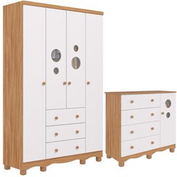 Quarto de Bebê Completo Guarda Roupa 4 Portas Cômoda 1 Porta 3 Gavetas 100% Mdf Bolinha - 2