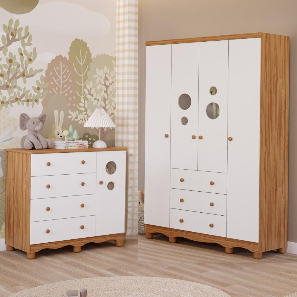 Quarto de Bebê Completo Guarda Roupa 4 Portas Cômoda 1 Porta 3 Gavetas 100% Mdf Bolinha