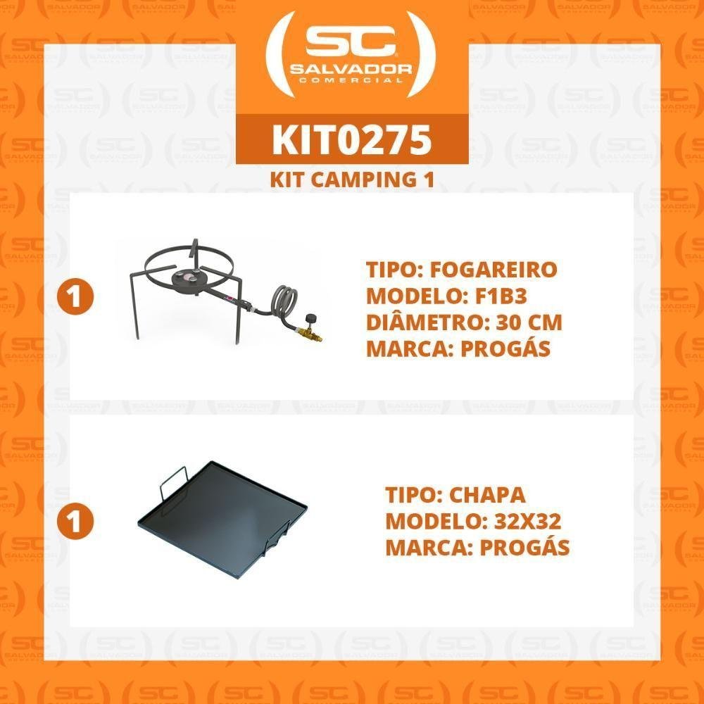 Kit Camping 1 - Fogareiro Fogão Redondo F1b3 30cm Simples + Chapa Bifeteira 32cm Progás - 2