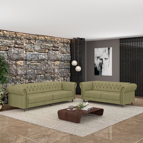 Conjunto de Sofá Sala de Estar Stanford Chesterfield 2 e 3 Lugares 180cm/260cm Pés Madeira Couro Fen