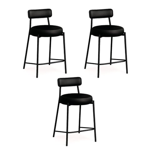 Banqueta de Cozinha Baixa com Encosto Industrial em Aço Kit 3 Londres Pu D03 - D’Rossi