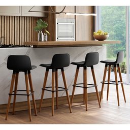 Kit 4 Banquetas Altas Luxo Linea Aço Preto Linho Preto Base Carvalho - 1