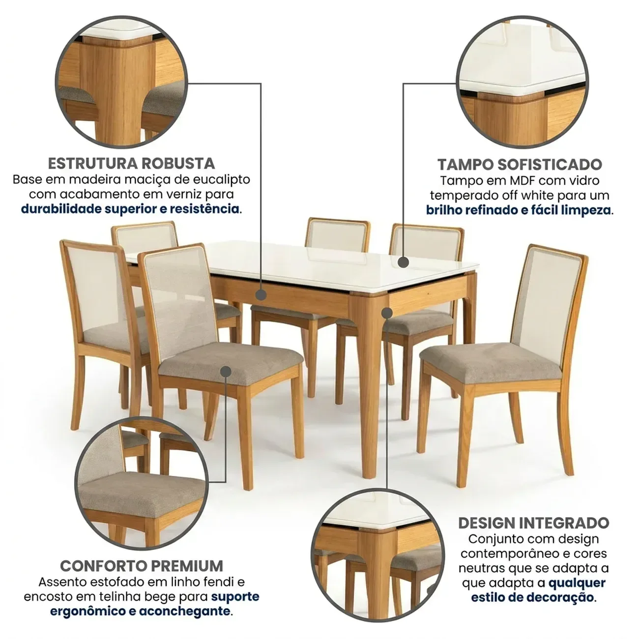 Ver imagem 4 de Conjunto Mesa de Jantar Mira com 6 Cadeiras em Madeira Maciça e Tampo com Vidro Nature/Off White/Fendi