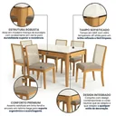 Ver imagem 4 de Conjunto Mesa de Jantar Mira com 6 Cadeiras em Madeira Maciça e Tampo com Vidro Nature/Off White/Fendi