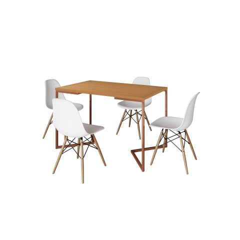 Mesa de Jantar Industrial Base Ferro Cobre em  V  Tampo 137x90 Canela 4 Cadeiras Eames Madeira Assen