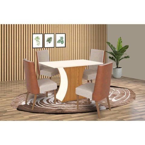 Conjunto: Mesa Sala Jantar Luiza Sc42 Tampo Madeirado C/ Vidro Canto Curvo 120x80cm e 4 Cadeiras