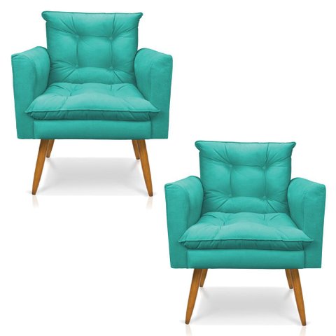 Kit 2 Poltronas Thais Suede Azul Turquesa Pés Palito - Pallazio