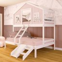 Ver imagem 1 de Beliche Casal/ Solteiro Casinha Dos Sonhos com Kit Escada/ Escorregador Madeira Maciça Rosa/ Branco