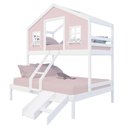 Ver imagem 2 de Beliche Casal/ Solteiro Casinha Dos Sonhos com Kit Escada/ Escorregador Madeira Maciça Rosa/ Branco