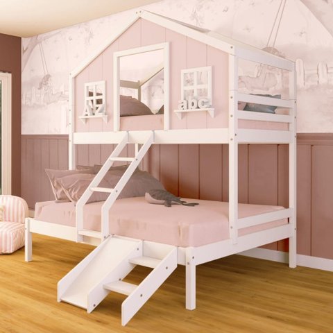 Beliche Casal/ Solteiro Casinha Dos Sonhos com Kit Escada/ Escorregador Madeira Maciça Rosa/ Branco