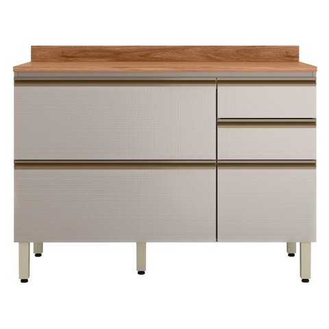 Balcão MDF 1 Porta Basculante 4 Gavetas para Pia 120cm com Tampo Proença Bege/Nogueira/Nude Prime