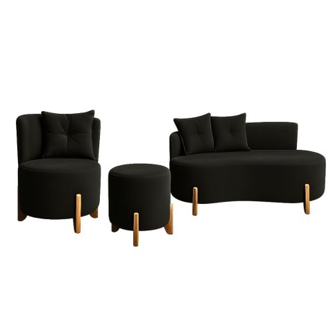 Kit Decorativo Sofá Curvo Orgânico + 01 Puff e Poltrona Luna Boucle Chumbo - Montanaris Decor