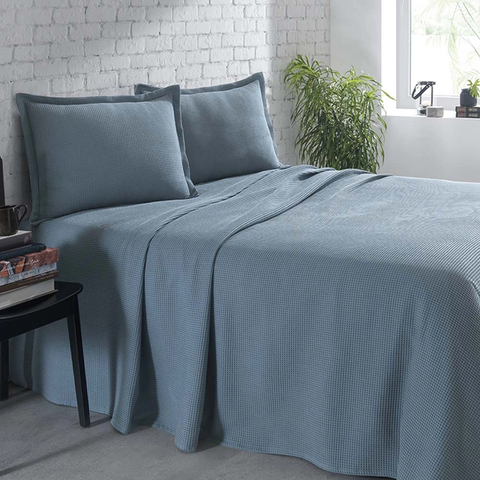 Kit Colcha Casal Dohler Piquet Liso Azul 100% Algodão 3 Pçs