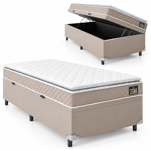 Cama Box Baú Solteiro com Colchão D45 Pillow Top 88x188 cm - Bege