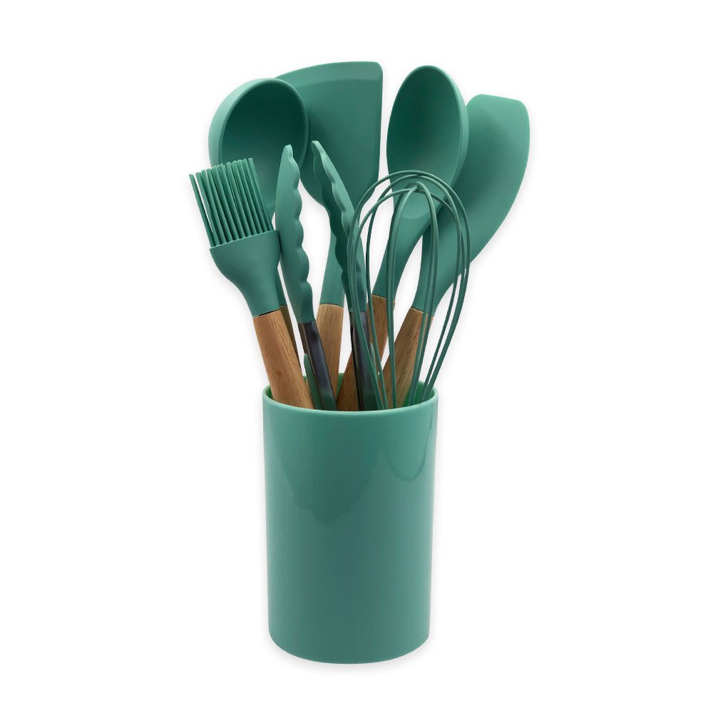 Conjunto de Utensilios Silicone 8 Peças Premium Verde Escuro