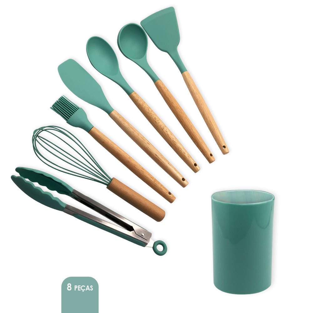 Conjunto de Utensilios Silicone 8 Peças Premium Verde Escuro - 4