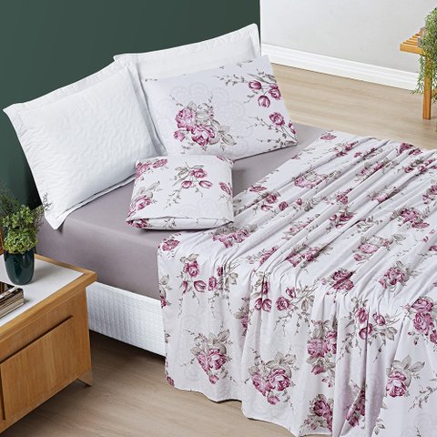 Jogo De Cama Casal King Size Nyla 04 Peças 200 Fios Estampado Super Elegante:ROSE