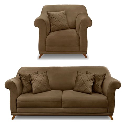 Kit Poltrona e Sofá Living 2 Lugares 1,80m Vênus Suede Pés Castanho - Pallazio - Caramelo