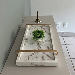 Bandeja Decorativa para Servir Branco Gold Marmorizado com Alça Dourada - 3