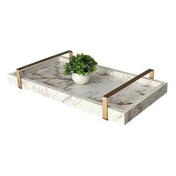 Bandeja Decorativa para Servir Branco Gold Marmorizado com Alça Dourada - 4