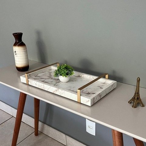 Bandeja Decorativa para Servir Branco Gold Marmorizado com Alça Dourada