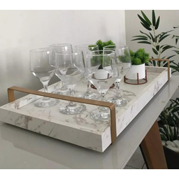 Bandeja Decorativa para Servir Branco Gold Marmorizado com Alça Dourada - 6