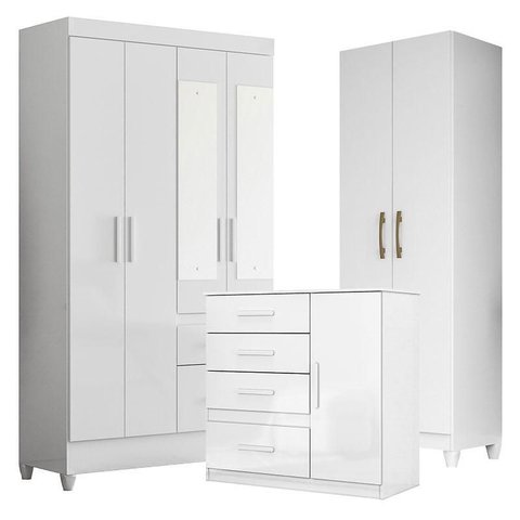 Guarda Roupa com Espelho Infantil Madri com Cômoda Vênus e Armário Multiuso New Íris Branco