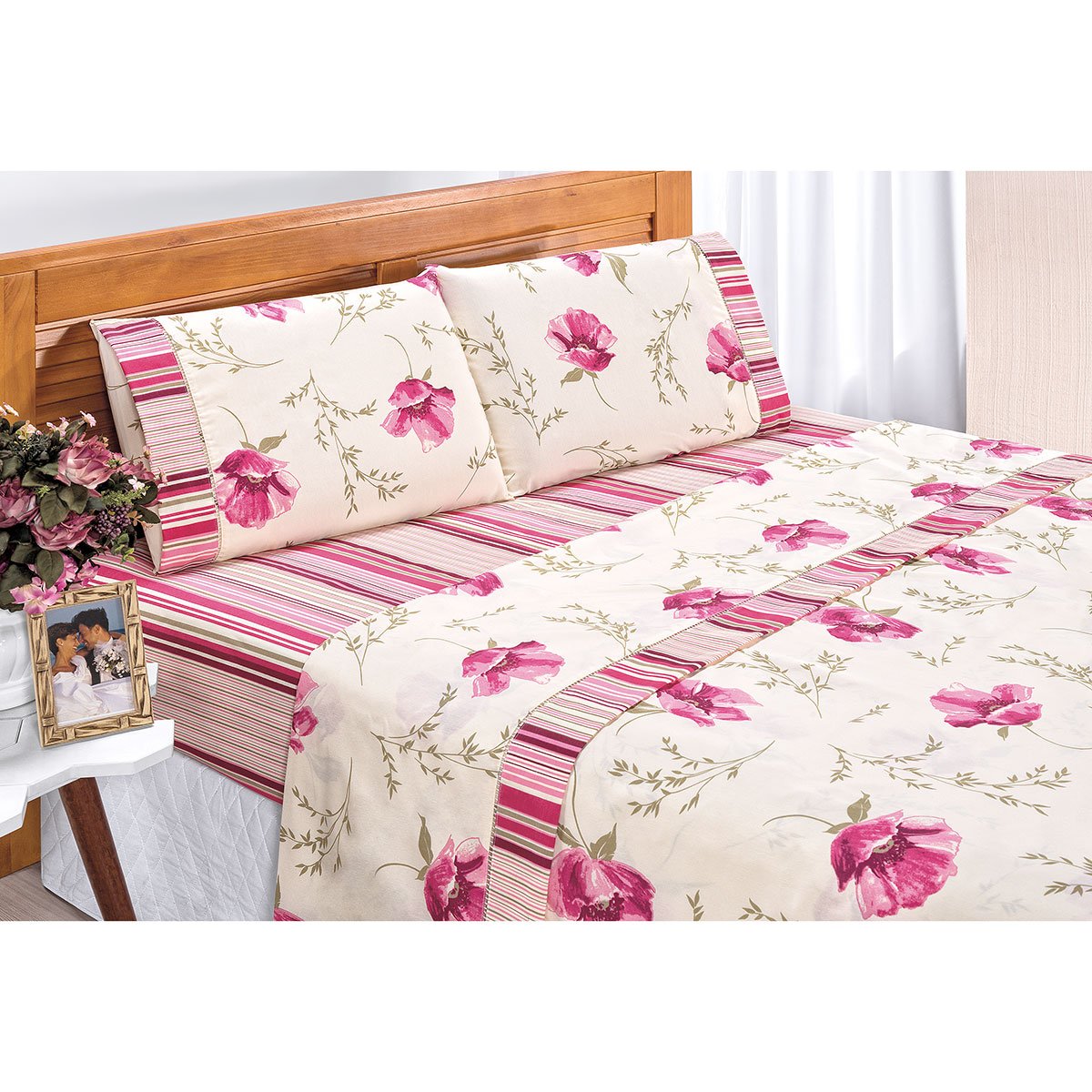 Jogo Cobre Leito Super King Floral Palha + Jogo de Cama Floral 7 Peças